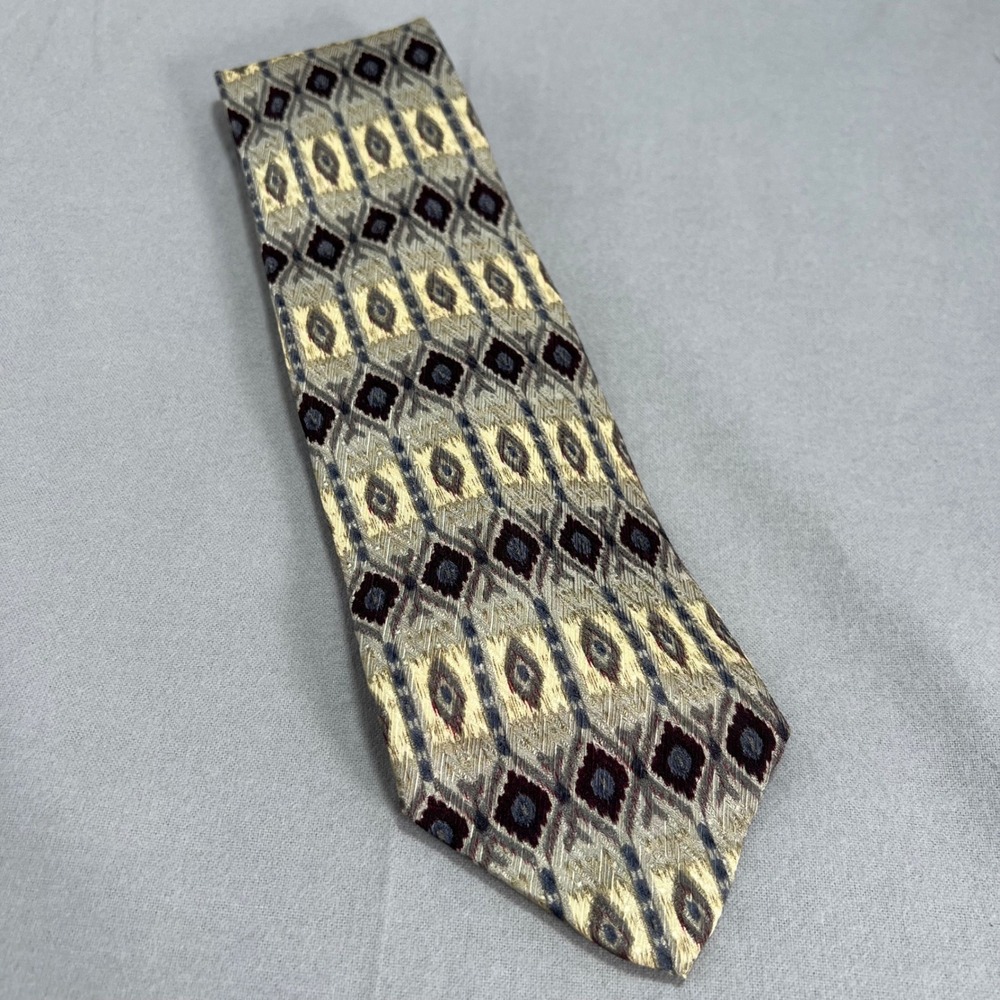XMI Vintage Silk Necktie Diamond Pattern Over Stripes Neutrals USA‎ Made 3.5x60